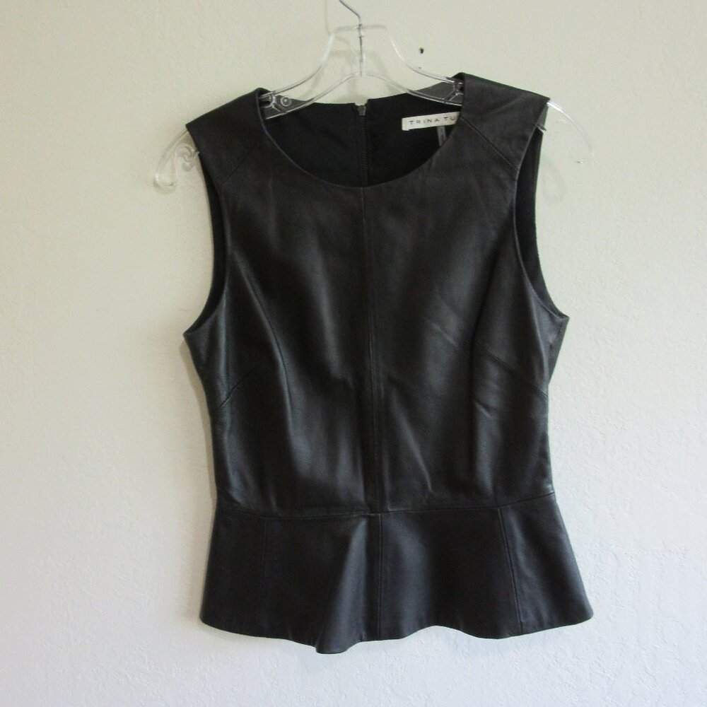 TRINA TURK Black Leather Peplum Sleeveless 2 Back Zip Lined Top